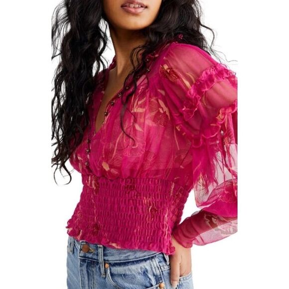 Free People “Women’s Time To Shine”Mesh Top w/Brass Buttons Fuchsia Size S - Picture 9 of 9
